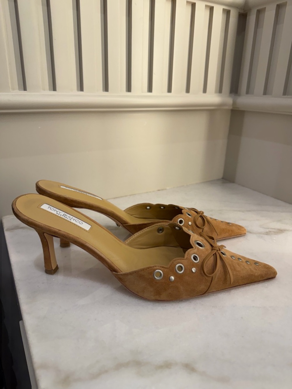 Tony Bianco Tan Suede Pointed Mule with Bow & Grommet Detail - Picture 3 of 7